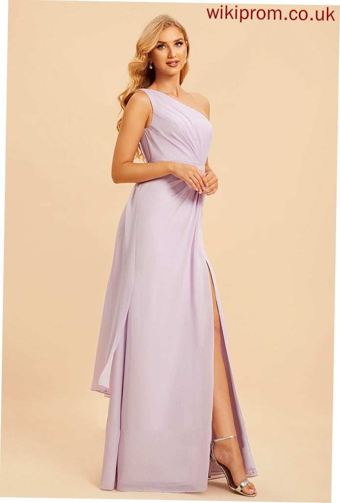 Neckline Floor-Length Fabric Length Ruffle Embellishment One-Shoulder Silhouette SplitFront A-Line Amanda A-Line/Princess Bridesmaid Dresses