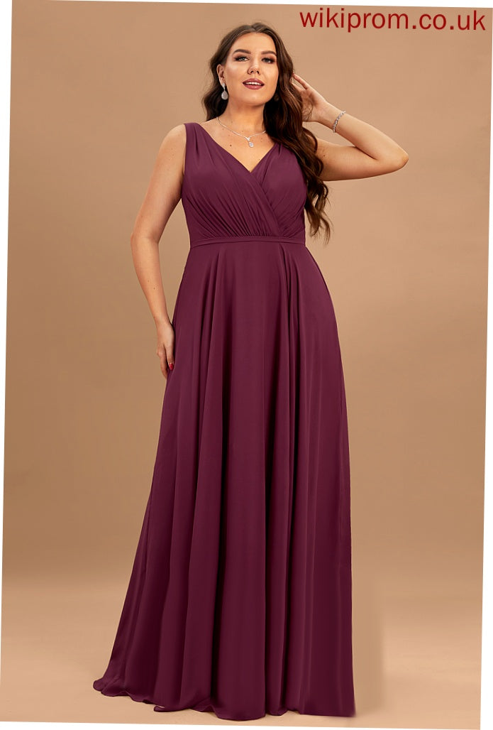 Chiffon A-Line Emelia Pleated Floor-Length Prom Dresses V-neck With