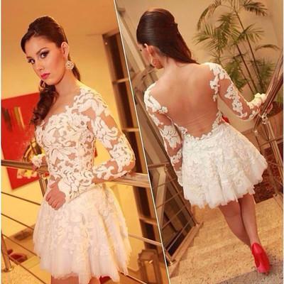 Sexy See Through Long Sleeve Lace Sexy White Appliques Homecoming Dresses WK957