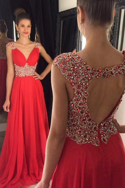 Open Back Red Chiffon V-Neck Cap Sleeve Lace A-Line Beads Prom Dresses WK961