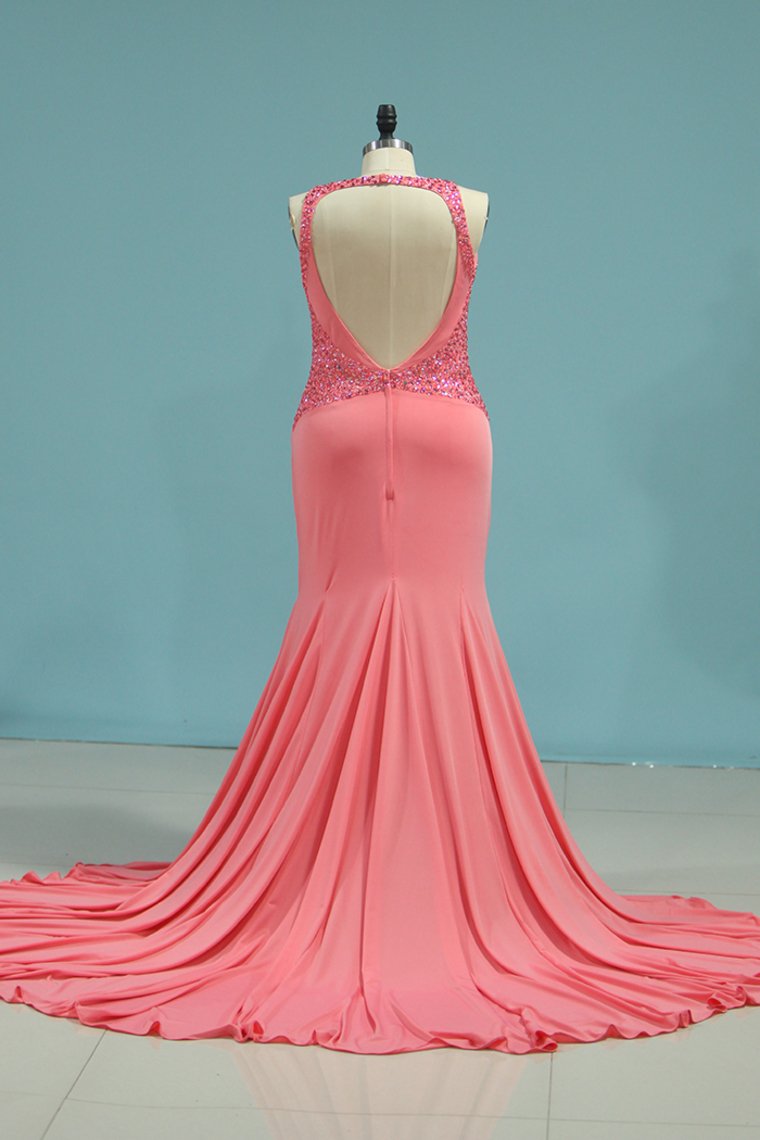 Prom Dresses Mermaid V Neck Open Back Spandex With Beads