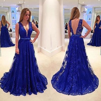 Elegant Royal Blue Lace Backless V-Neck Sleeveless A-Line Long Sexy Prom Dresses WK949