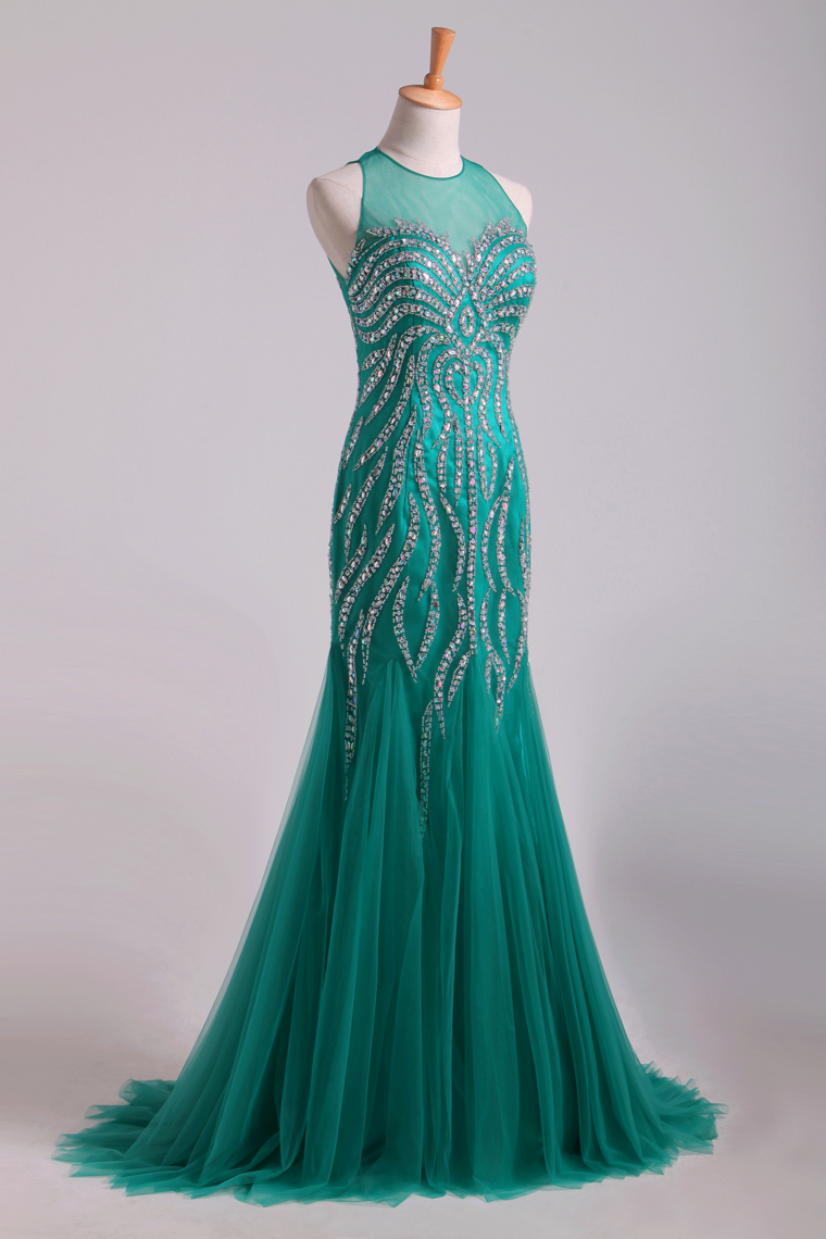 Scoop Mermaid Tulle Prom Dresses Fully Beaded Bodice Sweep Train