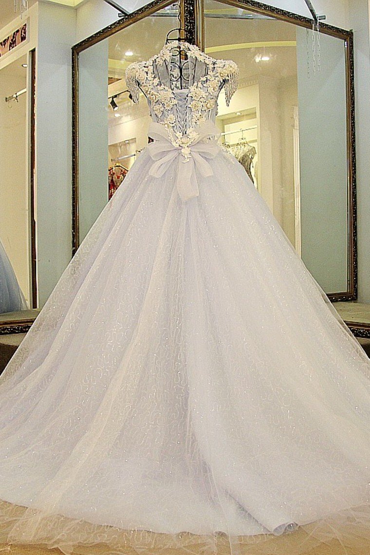 High Neck A Line Floor Length Wedding Dresses Lace Up With Pears Sequins Handmade Flowers