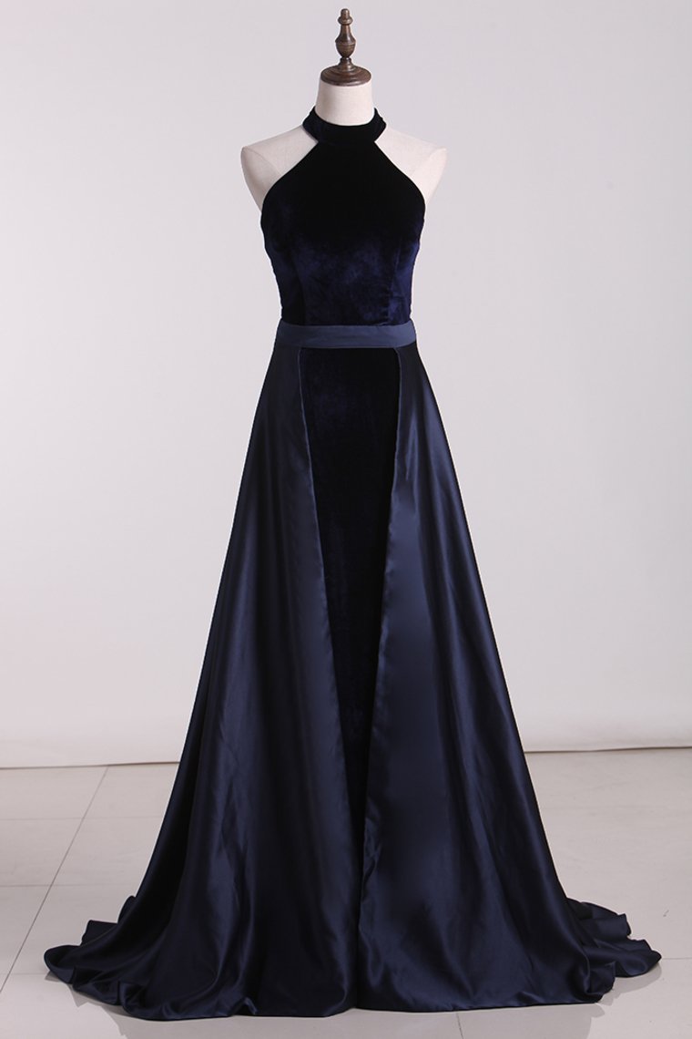 High Neck Mermaid Velvet Evening Dresses With Slit Floor Length