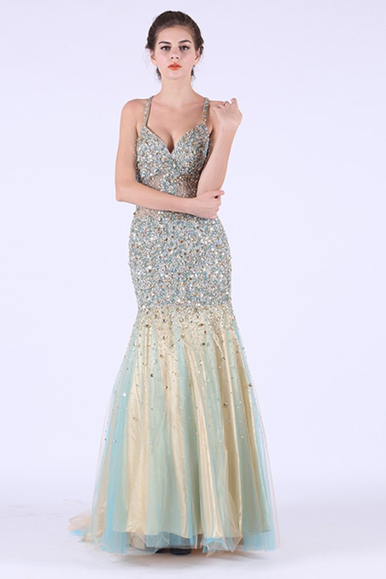 Prom Dresses Mermaid Spaghetti Straps With Beading Tulle