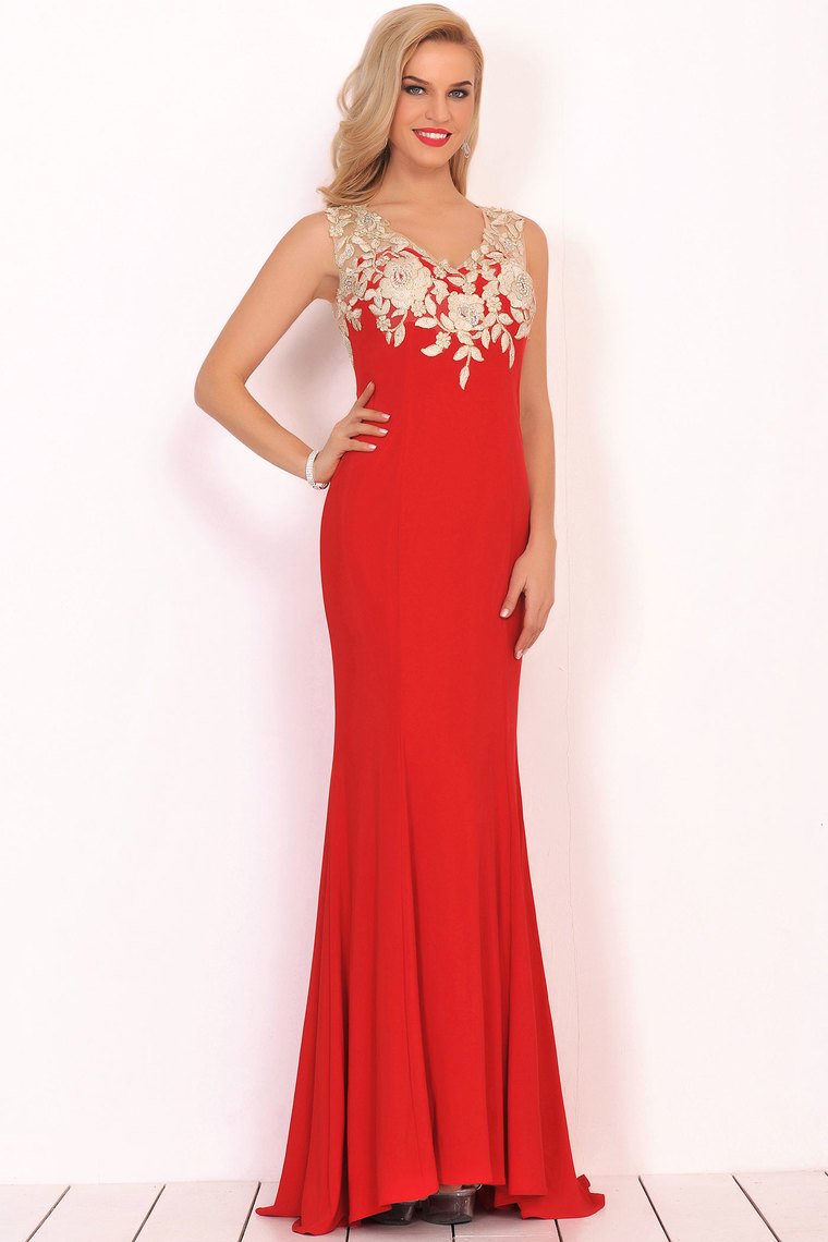 Sexy V Neck Prom Dresses Mermaid Spandex With Appliques Sweep Train