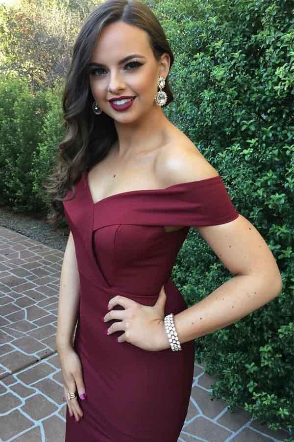 2024 Charming Off the Shoulder Burgundy Satin Mermaid Long Prom Dresses With SWK10072