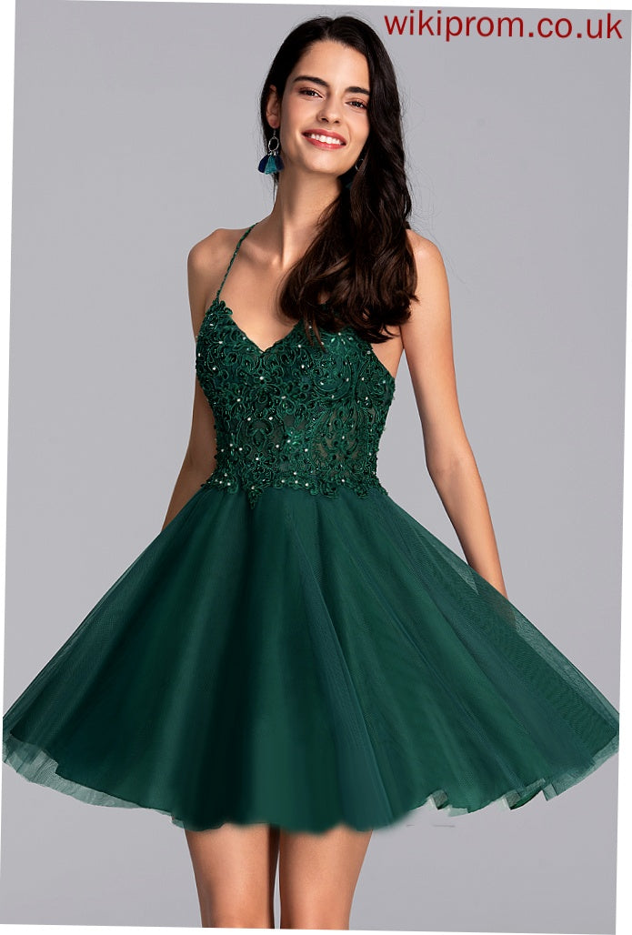 Tulle With Short/Mini A-Line Beading Dress Vivien V-neck Homecoming Dresses Homecoming Sequins