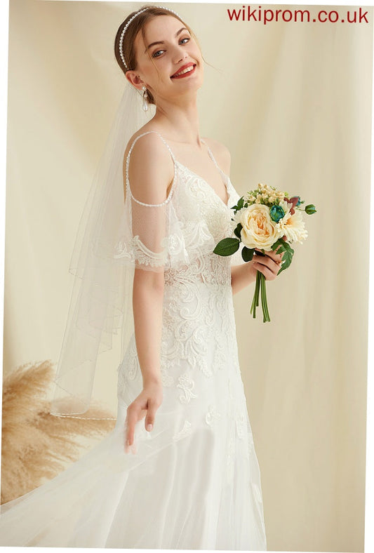 Train Wedding Dresses V-neck Wedding Rhianna Sweep Dress Beading Tulle Lace A-Line With