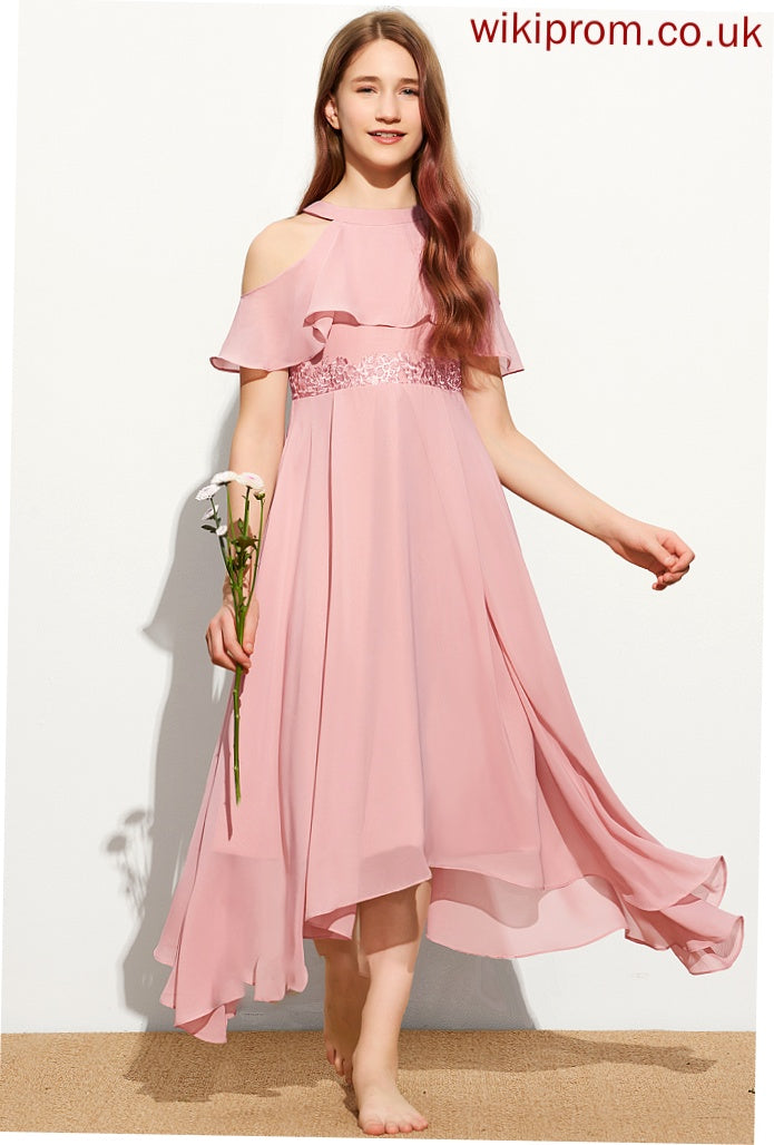 Junior Bridesmaid Dresses Lace A-Line Neck Scoop Nathaly Chiffon Tea-Length