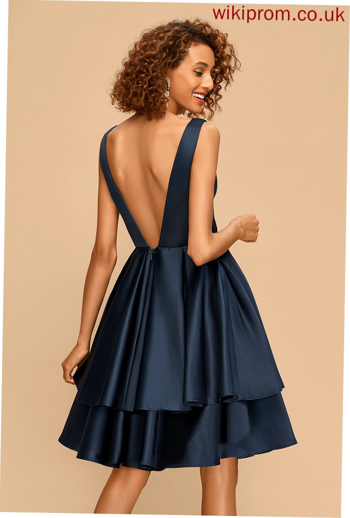 A-Line Satin Homecoming Knee-Length Dress Thalia V-neck Homecoming Dresses