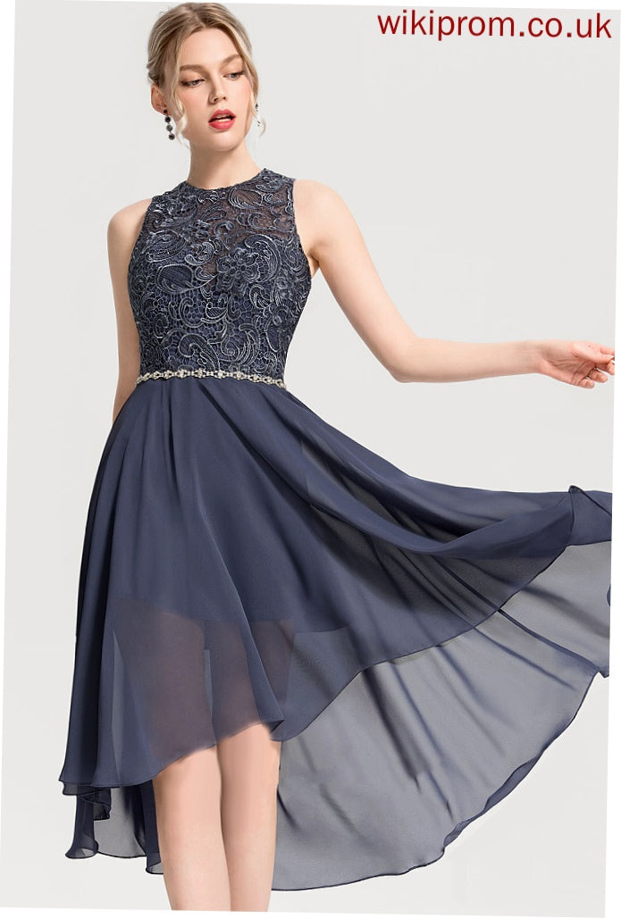 Beading Cocktail Dresses Dress Louise Scoop Chiffon With Neck Lace Cocktail Asymmetrical A-Line