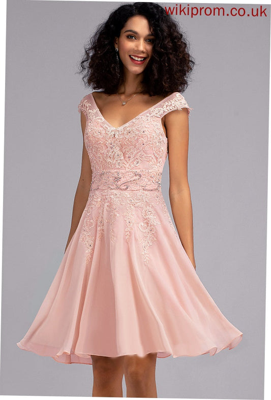 V-neck Cocktail Dresses Dress Beading Knee-Length With Cocktail Gabriella A-Line Chiffon Lace Lace