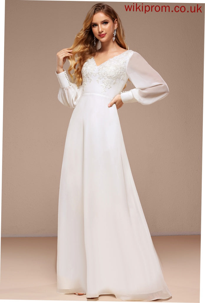 Chiffon Lace Sequins A-Line With Dress Wedding Carly Floor-Length Wedding Dresses V-neck