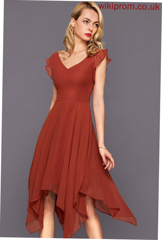 A-Line Holly V-neck With Ruffles Asymmetrical Cascading Cocktail Dresses Dress Chiffon Cocktail