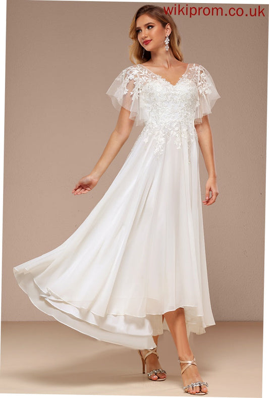 Asymmetrical Tulle Wedding Elvira Dress Lace Wedding Dresses V-neck Ruffle A-Line With