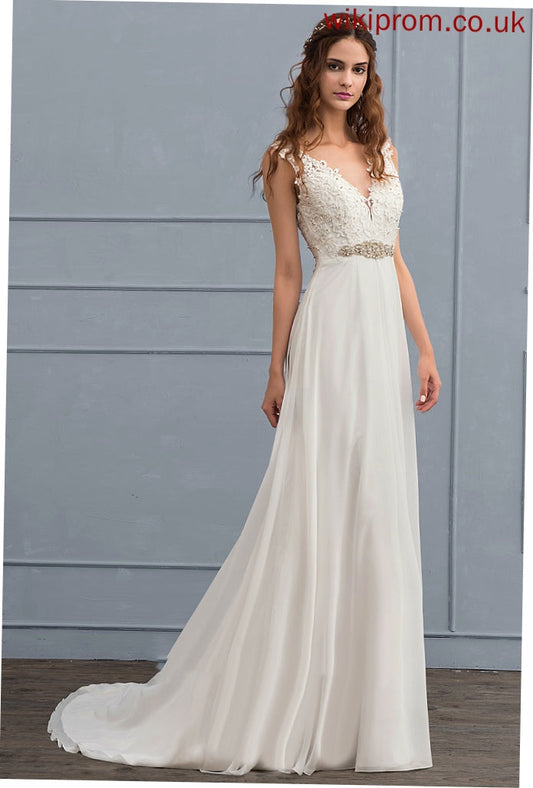 Beading Sequins Train Lace A-Line Court Dress Wedding Anabella V-neck Chiffon Wedding Dresses With