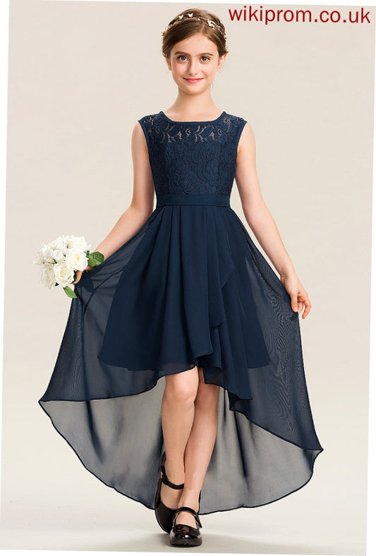 Scoop Heidi Asymmetrical Bow(s) Chiffon Junior Bridesmaid Dresses A-Line Neck Cascading With Ruffles Lace