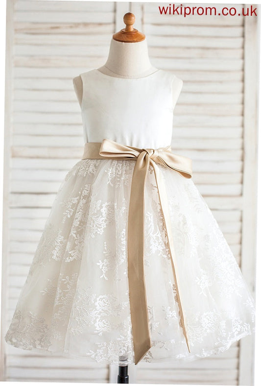 Girl - Knee-length Sash Neck With Flower Scoop Flower Girl Dresses A-Line/Princess Sleeveless Adalyn Satin/Lace Dress