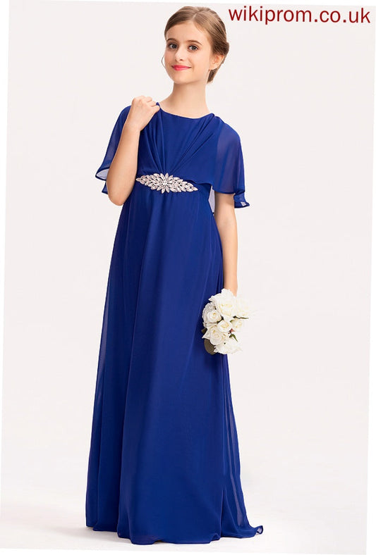 Scoop Junior Bridesmaid Dresses Chiffon Ruffle A-Line Floor-Length Zion Neck With Beading