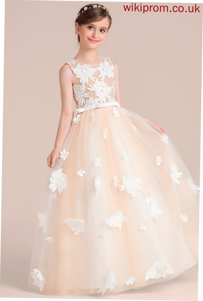 Bow(s) Ball-Gown/Princess With Siena Flower(s) Floor-Length Scoop Neck Junior Bridesmaid Dresses Tulle