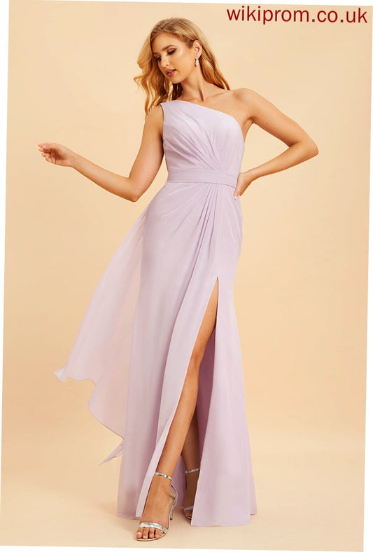 Neckline Floor-Length Fabric Length Ruffle Embellishment One-Shoulder Silhouette SplitFront A-Line Amanda A-Line/Princess Bridesmaid Dresses