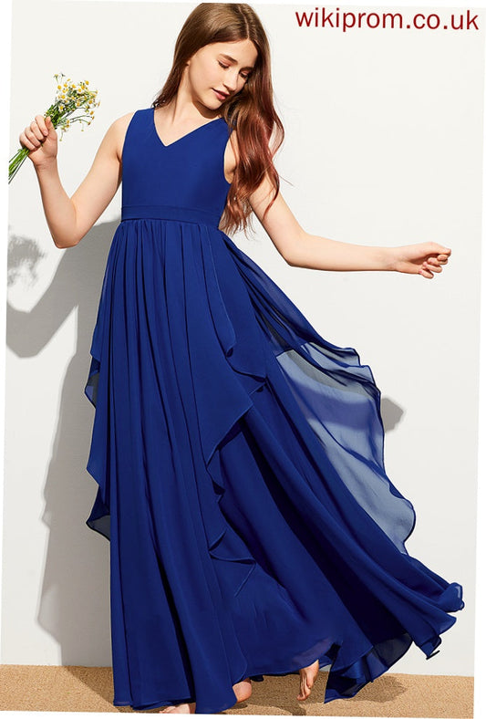 Floor-Length With Cascading Ruffles Chiffon A-Line V-neck Junior Bridesmaid Dresses Mira