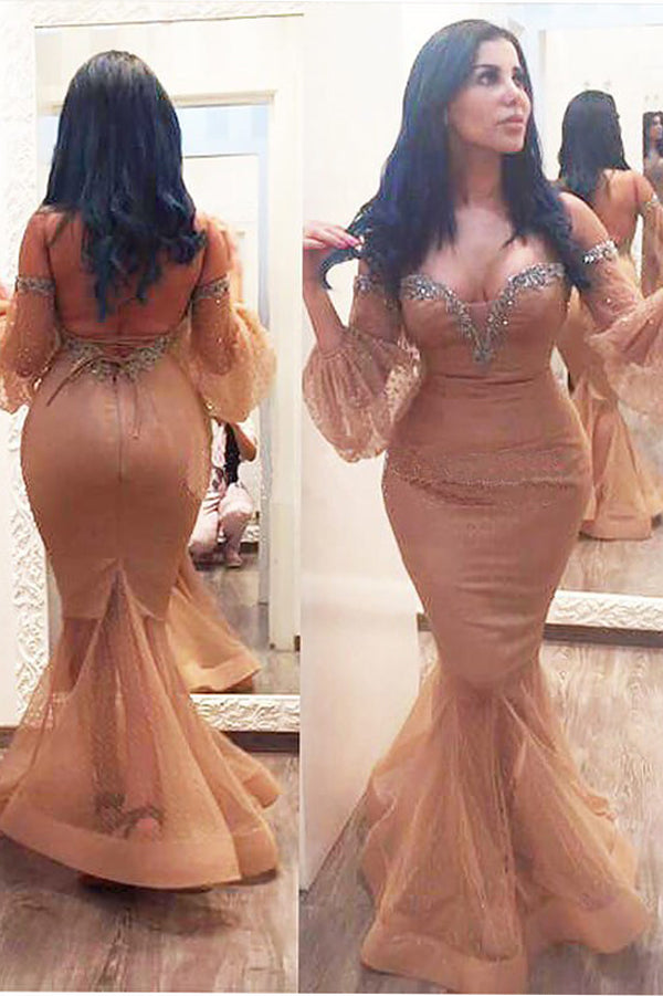 Mermaid 3/4 Sleeves Off Shoulder Beading Floor Length Plus Size Prom Dresses