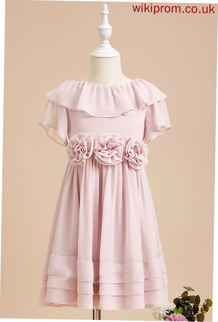 Dress Short Sleeves Back Girl Ruffles/Flower(s)/V - Flower Girl Dresses Flower Chiffon With A-Line Scoop Neck Lucy Knee-length