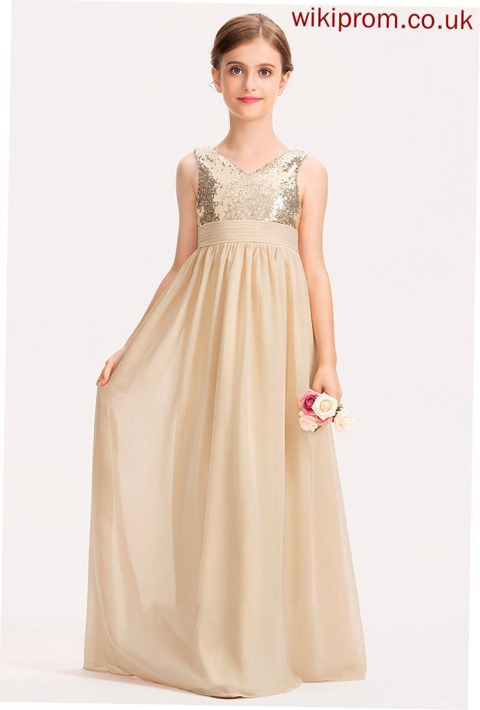 Chiffon With A-Line Ruffle Junior Bridesmaid Dresses V-neck Sequined Floor-Length Jayla