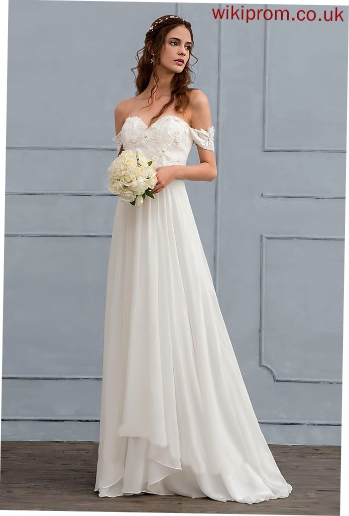 Sweep Chiffon Kierra Beading Dress Flower(s) With Lace Wedding Dresses A-Line Wedding Train Off-the-Shoulder