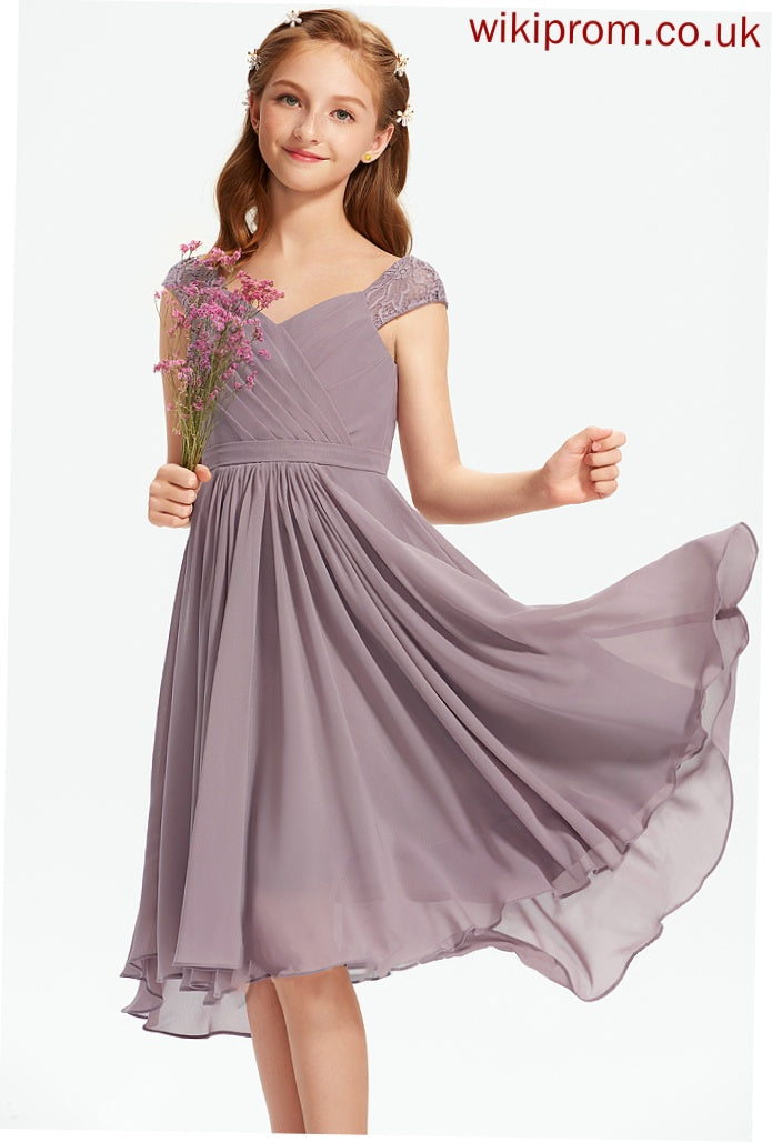 V-neck Knee-Length Junior Bridesmaid Dresses Elliana Lace With A-Line Chiffon Ruffle