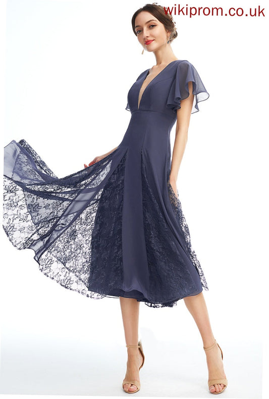 V-neck Ruffle Cocktail Dresses With A-Line Chiffon Taniyah Knee-Length Cocktail Lace Dress