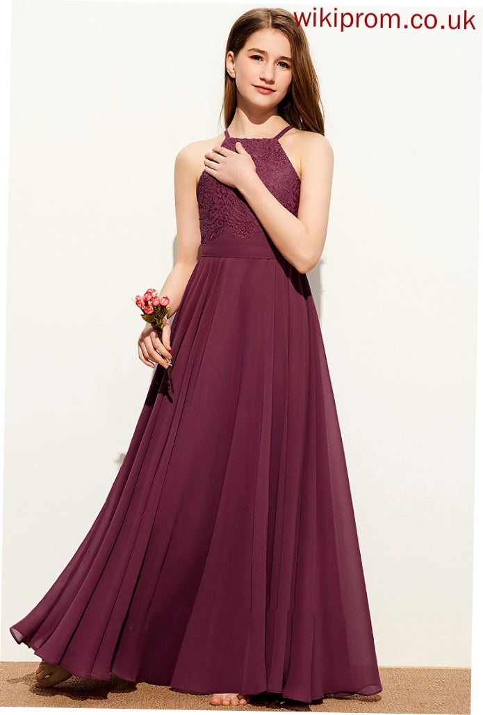 Square Lace Junior Bridesmaid Dresses Chiffon A-Line Floor-Length Neckline Cristal