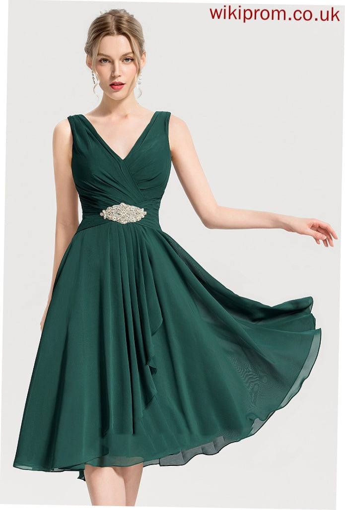 Knee-Length Kelsey A-Line With V-neck Chiffon Ruffles Cocktail Cascading Dress Beading Cocktail Dresses