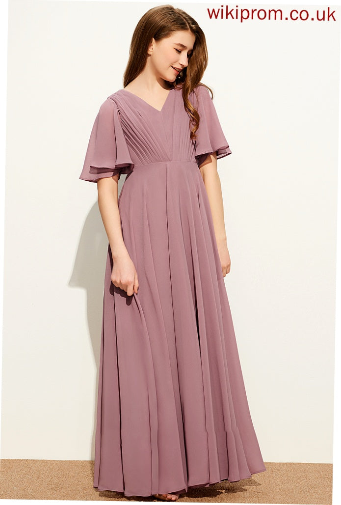 A-Line Ruffle With Chiffon Floor-Length V-neck Junior Bridesmaid Dresses Kara