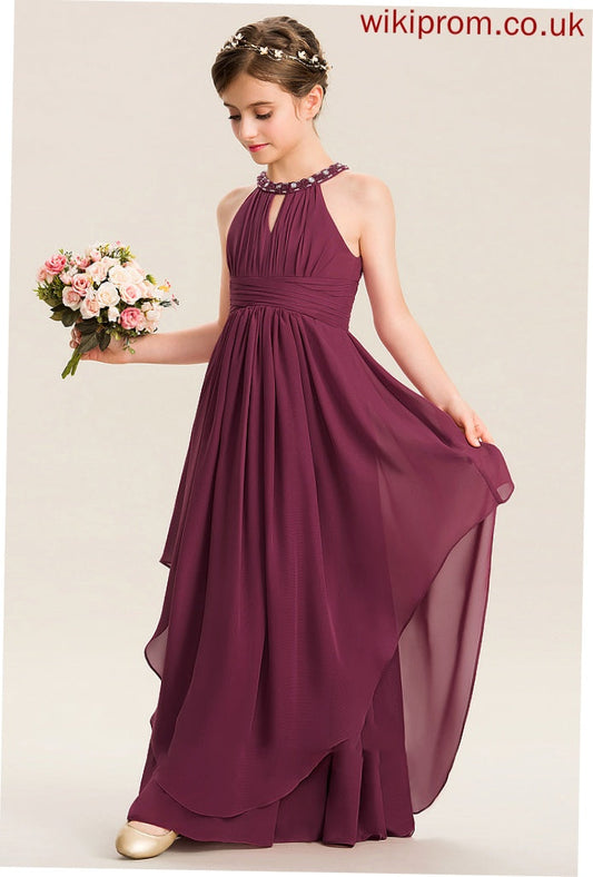 Junior Bridesmaid Dresses Beading Floor-Length Chiffon Sharon Neck A-Line Scoop Ruffle With