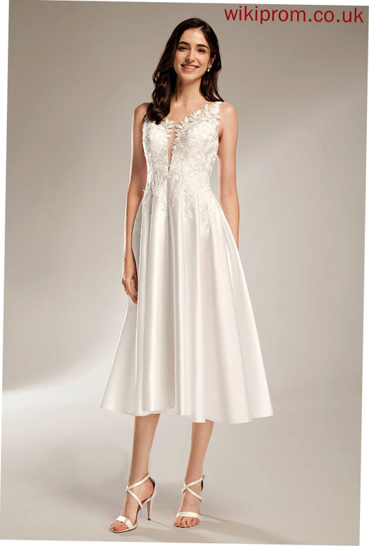 Wedding Lace Elianna Wedding Dresses Satin Dress V-neck Tea-Length A-Line