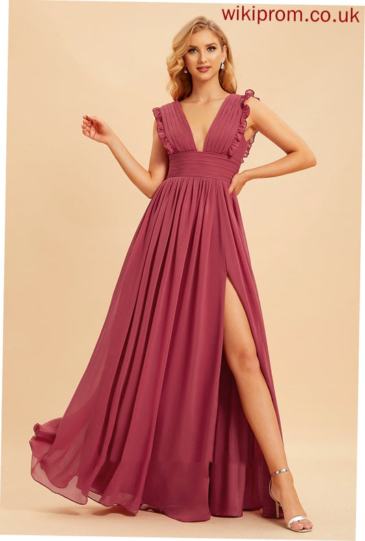 SplitFront V-neck Silhouette Length Neckline Ruffle Embellishment Fabric A-Line Floor-Length Edith Natural Waist Bridesmaid Dresses