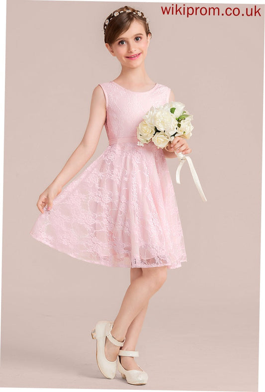 A-Line Scoop Sash Knee-Length Lace Neck With Jean Bow(s) Junior Bridesmaid Dresses