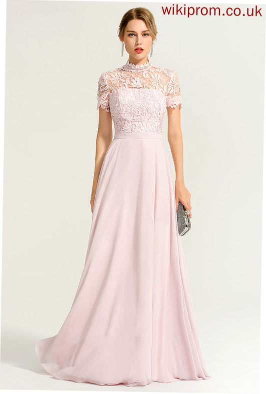 Floor-Length Chiffon Prom Dresses High With Lace Sequins Alisha Neck A-Line