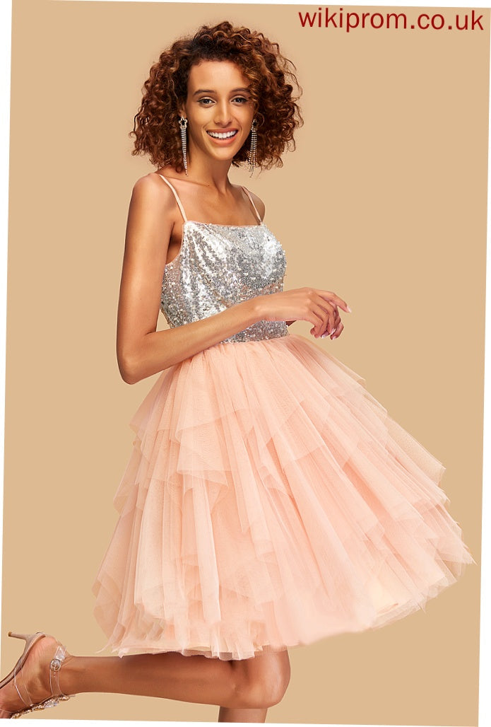 Tulle Homecoming Eve Square A-Line Dress Knee-Length Sequins Homecoming Dresses With Neckline