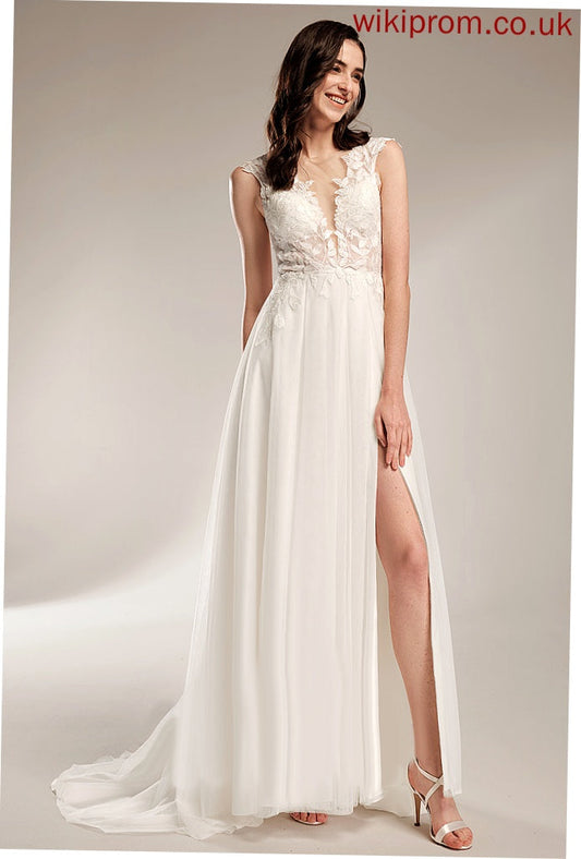 With Sequins Wedding Dresses V-neck Train Pat Tulle Dress A-Line Lace Wedding Court