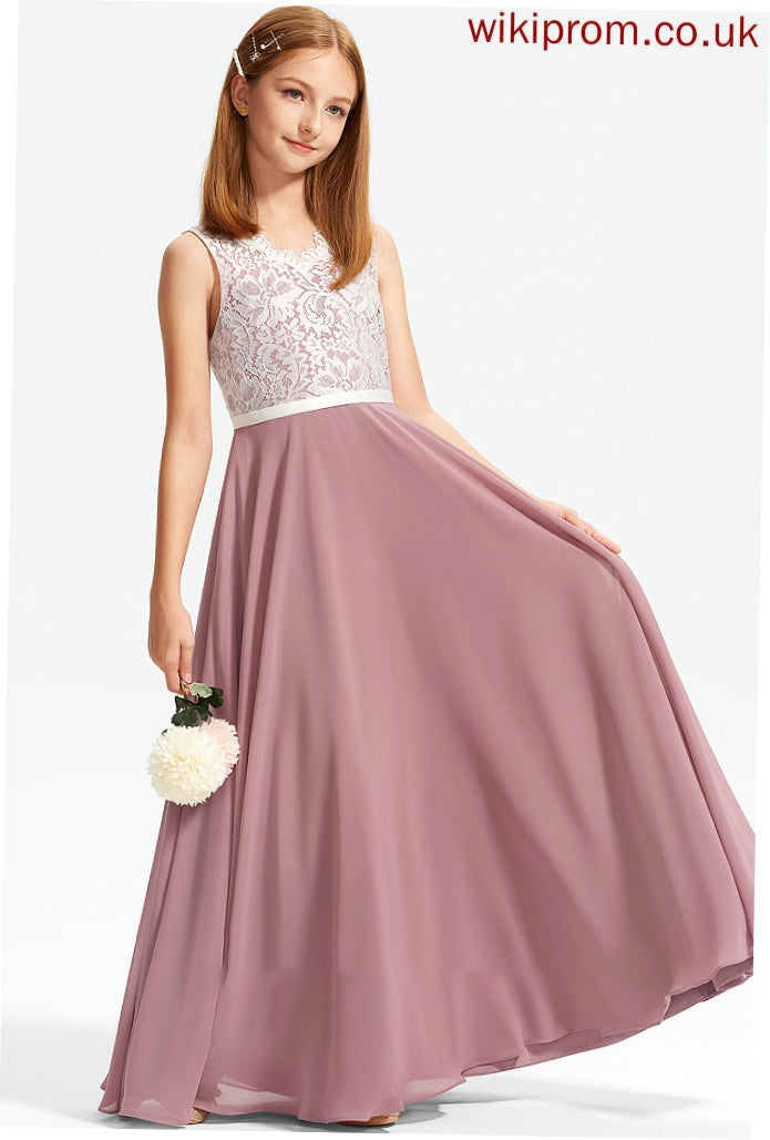 Junior Bridesmaid Dresses V-neck Chiffon A-Line Floor-Length Lace Ava