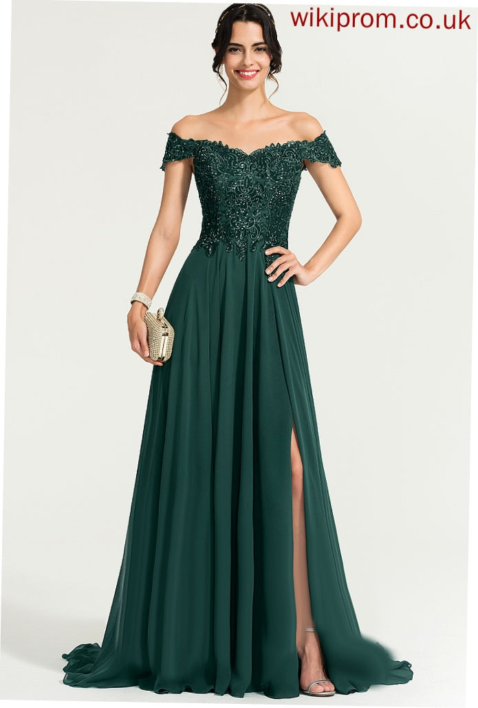 Chiffon Melina Train Sequins Lace Sweep Prom Dresses A-Line With Off-the-Shoulder