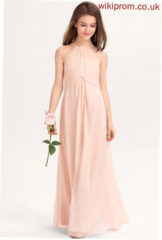 With A-Line Floor-Length Junior Bridesmaid Dresses Ruffle Neck Chiffon Scoop Kenley