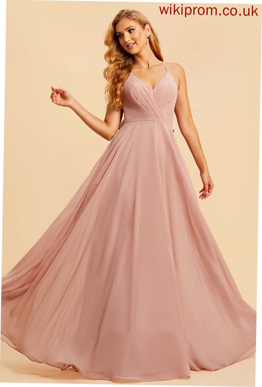 Fabric Length Embellishment Silhouette A-Line Ruffle Floor-Length V-neck Neckline Payten A-Line/Princess Spaghetti Staps Bridesmaid Dresses