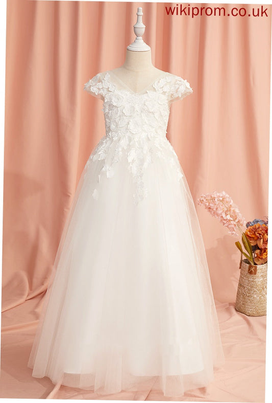 Sleeves Flower Girl Dresses Bethany V-neck A-Line Girl Dress With Short Flower - Tulle Lace/Flower(s) Floor-length