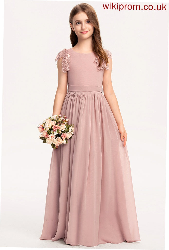 Chiffon Floor-Length Junior Bridesmaid Dresses Bow(s) Lace Isla Neck A-Line With Scoop